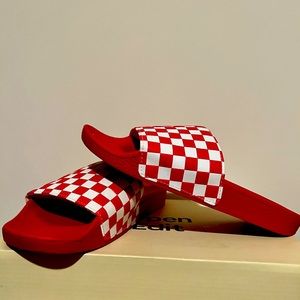 Vans red checkered slides